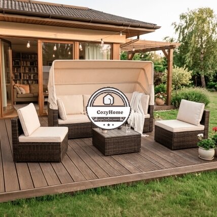 CALIENTE sodo baldų komplektas: modulinė sofa, 2 foteliai, terasos stalas, ruda/smėlio spalvos, modernus technoratanas 1 CALIENTE sodo baldų komplektas: modulinė sofa, 2 foteliai, terasos stalas, ruda/smėlio spalvos, modernus technoratanas 1