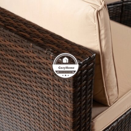 CALIENTE sodo baldų komplektas: modulinė sofa, 2 foteliai, terasos stalas, ruda/smėlio spalvos, modernus technoratanas 5