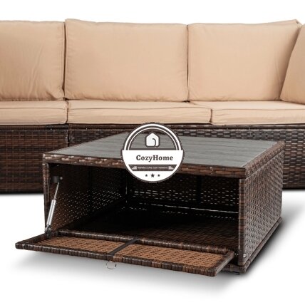 CALIENTE sodo baldų komplektas: modulinė sofa, 2 foteliai, terasos stalas, ruda/smėlio spalvos, modernus technoratanas 6 CALIENTE sodo baldų komplektas: modulinė sofa, 2 foteliai, terasos stalas, ruda/smėlio spalvos, modernus technoratanas 6