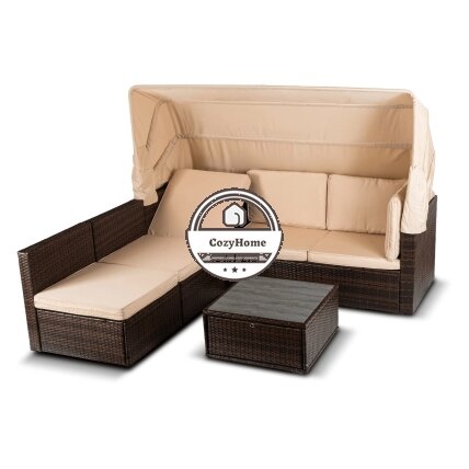CALIENTE sodo baldų komplektas: modulinė sofa, 2 foteliai, terasos stalas, ruda/smėlio spalvos, modernus technoratanas 4