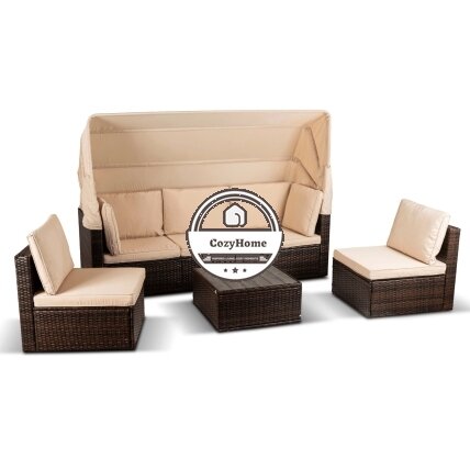 CALIENTE sodo baldų komplektas: modulinė sofa, 2 foteliai, terasos stalas, ruda/smėlio spalvos, modernus technoratanas 2