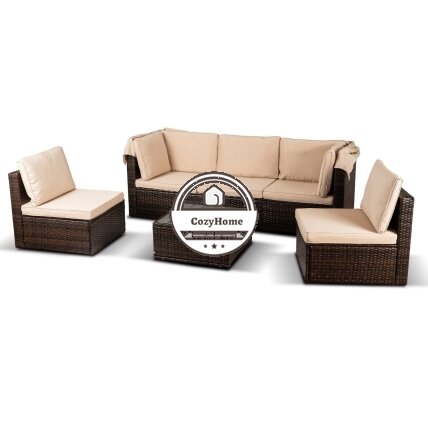 CALIENTE sodo baldų komplektas: modulinė sofa, 2 foteliai, terasos stalas, ruda/smėlio spalvos, modernus technoratanas