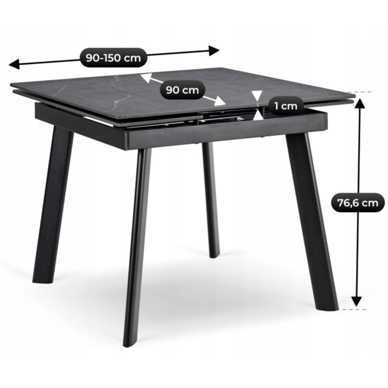 LARES kvadratinis ištraukiamas stalas, 90–150 cm, keramika, juodas marmuras/juodas modernus 8 LARES kvadratinis ištraukiamas stalas, 90–150 cm, keramika, juodas marmuras/juodas modernus 8