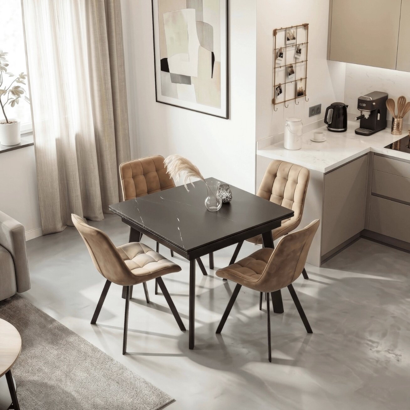 LARES kvadratinis ištraukiamas stalas, 90–150 cm, keramika, juodas marmuras/juodas modernus 1 LARES kvadratinis ištraukiamas stalas, 90–150 cm, keramika, juodas marmuras/juodas modernus 1