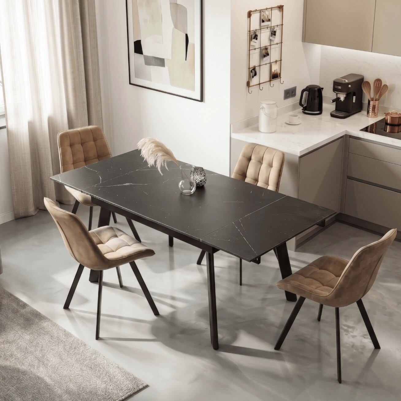 LARES kvadratinis ištraukiamas stalas, 90–150 cm, keramika, juodas marmuras/juodas modernus 2 LARES kvadratinis ištraukiamas stalas, 90–150 cm, keramika, juodas marmuras/juodas modernus 2