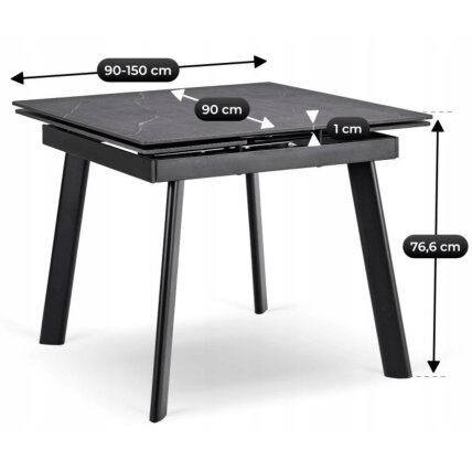 LARES kvadratinis ištraukiamas stalas, 90–150 cm, keramika, juodas marmuras/juodas modernus 8 LARES kvadratinis ištraukiamas stalas, 90–150 cm, keramika, juodas marmuras/juodas modernus 8