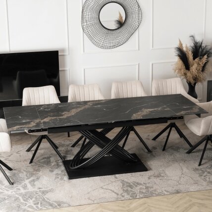 IBIZA išskleidžiamo stalo komplektas, 160–240 cm, juodas marmuras, ir 4 apmuštos kėdės, MUMBAI, kreminės spalvos, modernus 2 IBIZA išskleidžiamo stalo komplektas, 160–240 cm, juodas marmuras, ir 4 apmuštos kėdės, MUMBAI, kreminės spalvos, modernus 2