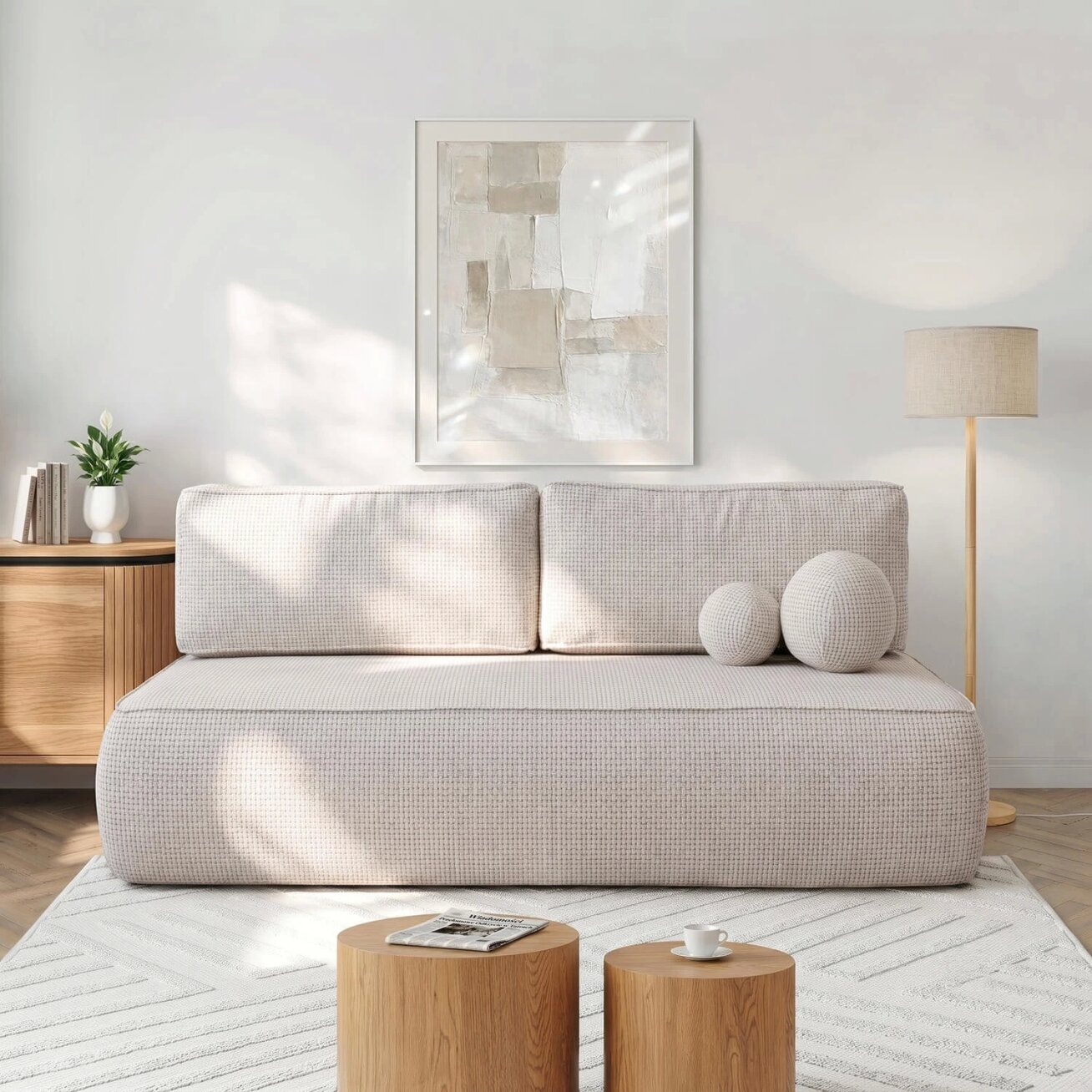 ARVETO kreminės spalvos šenilinė moderni sofa su miegojimo funkcija 1 ARVETO kreminės spalvos šenilinė moderni sofa su miegojimo funkcija 1