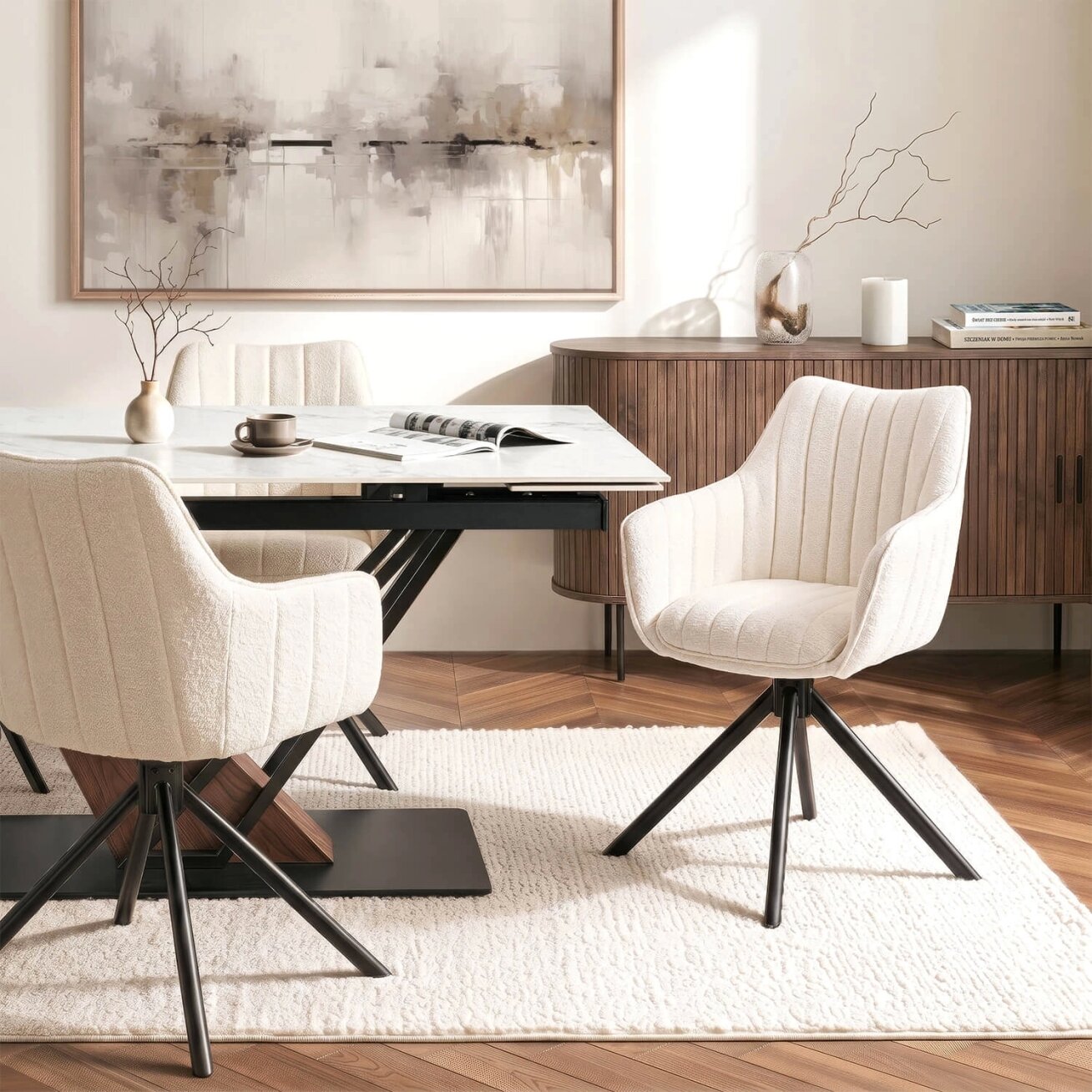 BAJA kreminės spalvos „Boucle“ minkšta besisukanti kėdė, moderni 1