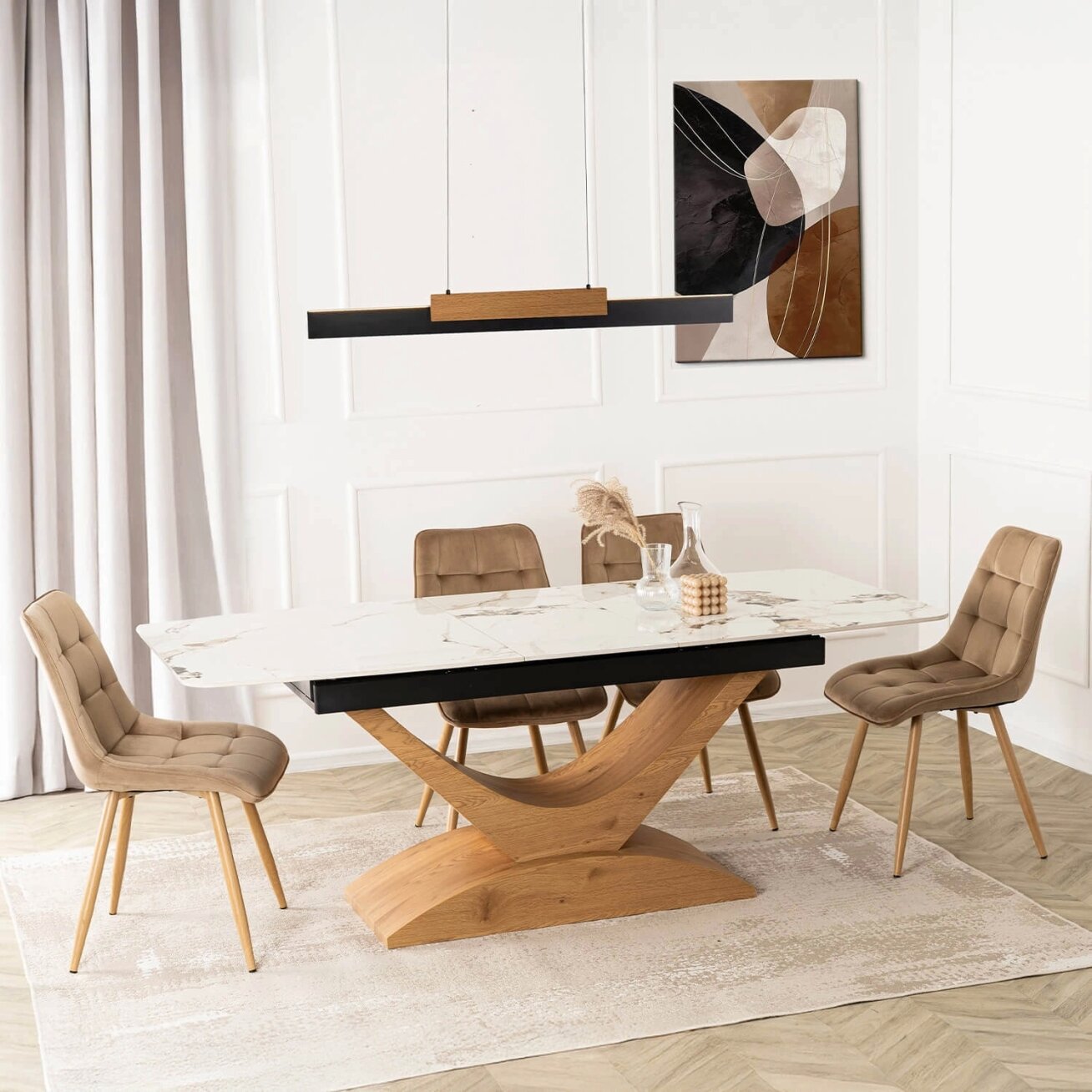 Alikantė ALICANTE stačiakampis ištraukiamas stalas, 160–200 cm, keramika, baltas marmuras/ąžuolas, moderniam valgomajam 2