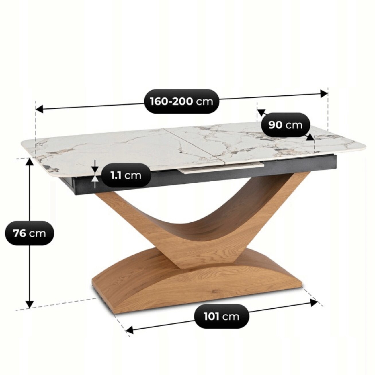 Alikantė ALICANTE stačiakampis ištraukiamas stalas, 160–200 cm, keramika, baltas marmuras/ąžuolas, moderniam valgomajam 10