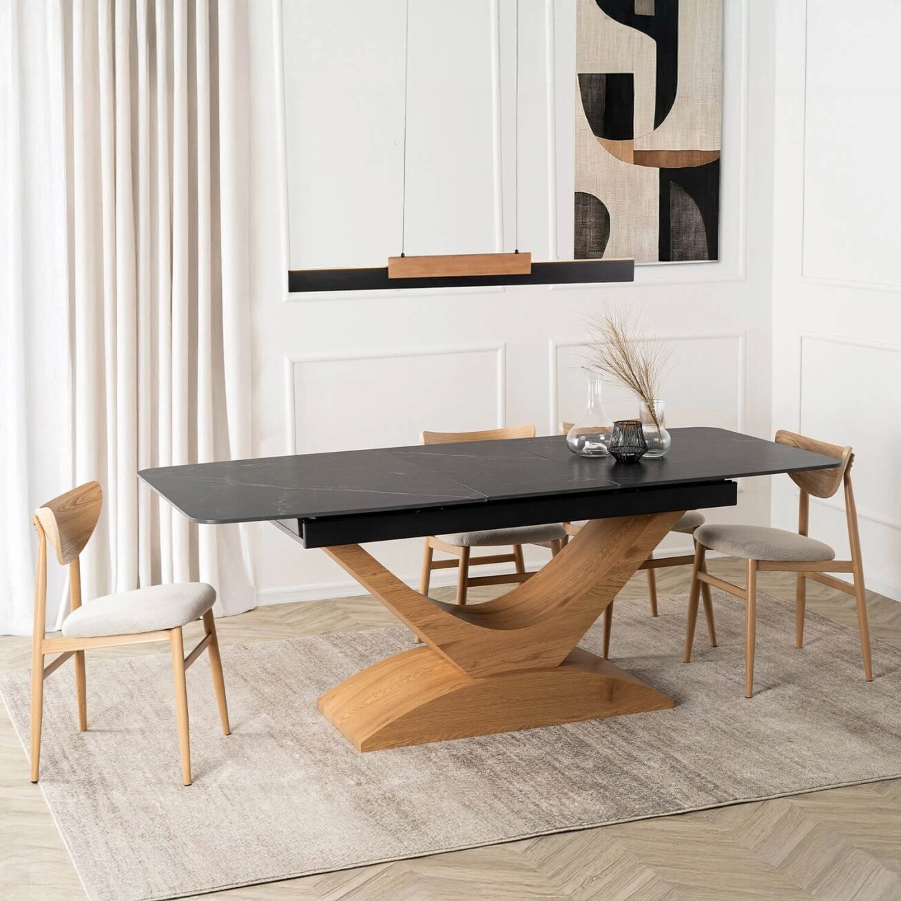 Alikantė ALICANTE stačiakampis ištraukiamas stalas, 160–200 cm, keramika, juodas/ąžuolas, moderniam valgomajam 2