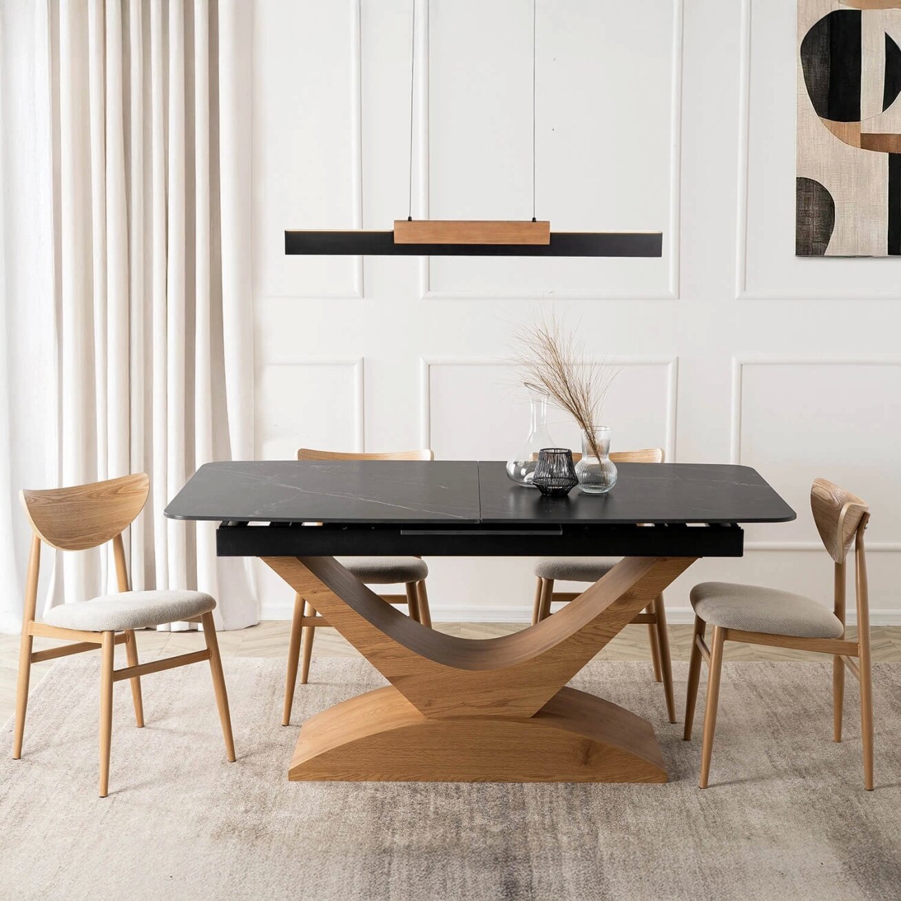 Alikantė ALICANTE stačiakampis ištraukiamas stalas, 160–200 cm, keramika, juodas/ąžuolas, moderniam valgomajam 1 Alikantė ALICANTE stačiakampis ištraukiamas stalas, 160–200 cm, keramika, juodas/ąžuolas, moderniam valgomajam 1