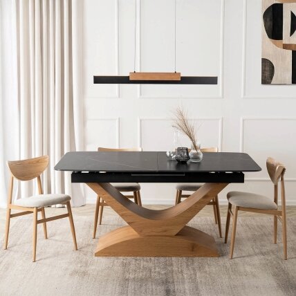 Alikantė ALICANTE stačiakampis ištraukiamas stalas, 160–200 cm, keramika, juodas/ąžuolas, moderniam valgomajam 1