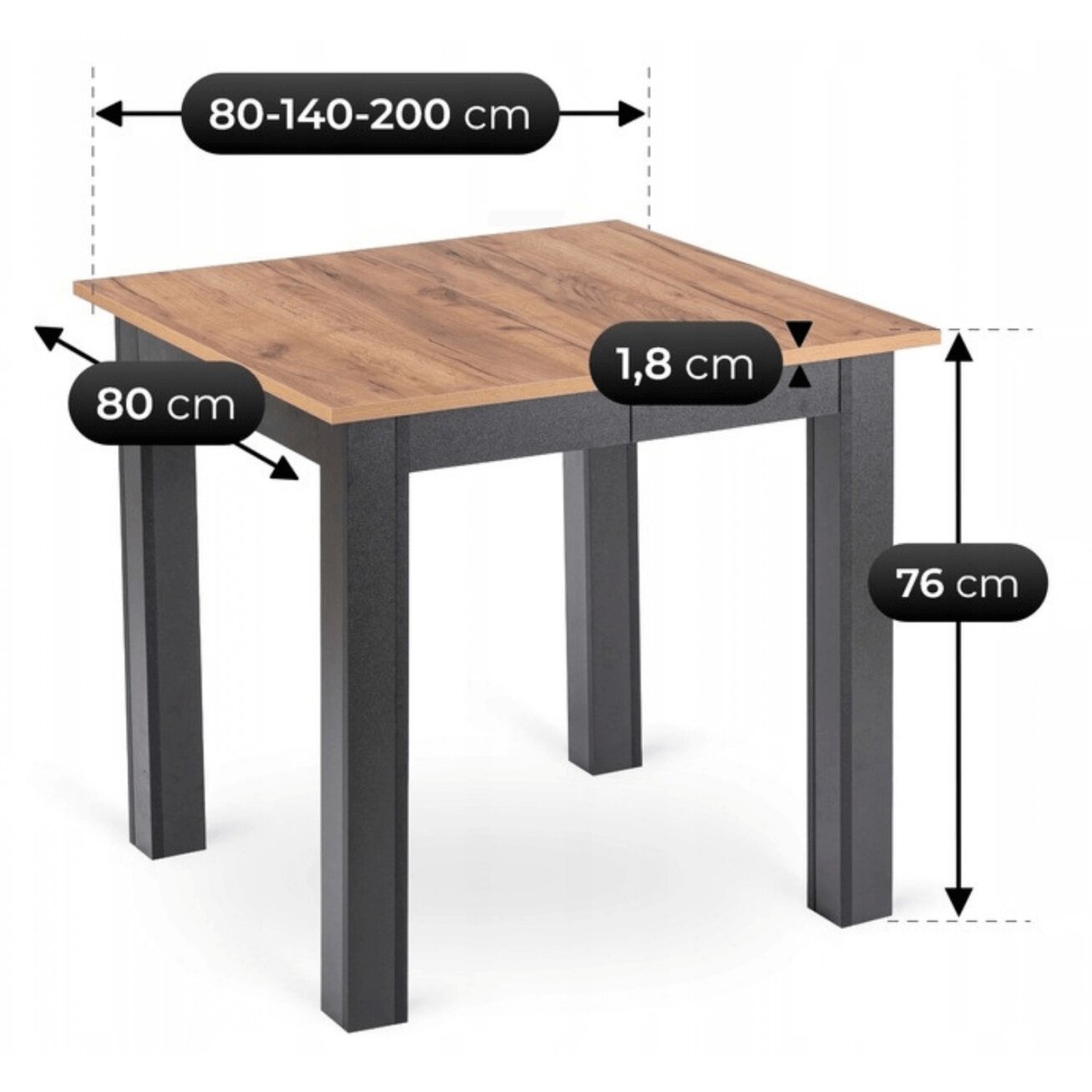 Benas BEN kvadratinis ištraukiamas stalas, 80–200 cm, ąžuolo spalvos / juodas, modernus lofto stiliaus 7 Benas BEN kvadratinis ištraukiamas stalas, 80–200 cm, ąžuolo spalvos / juodas, modernus lofto stiliaus 7