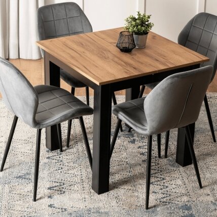 Benas BEN kvadratinis ištraukiamas stalas, 80–200 cm, ąžuolo spalvos / juodas, modernus lofto stiliaus Benas BEN kvadratinis ištraukiamas stalas, 80–200 cm, ąžuolo spalvos / juodas, modernus lofto stiliaus