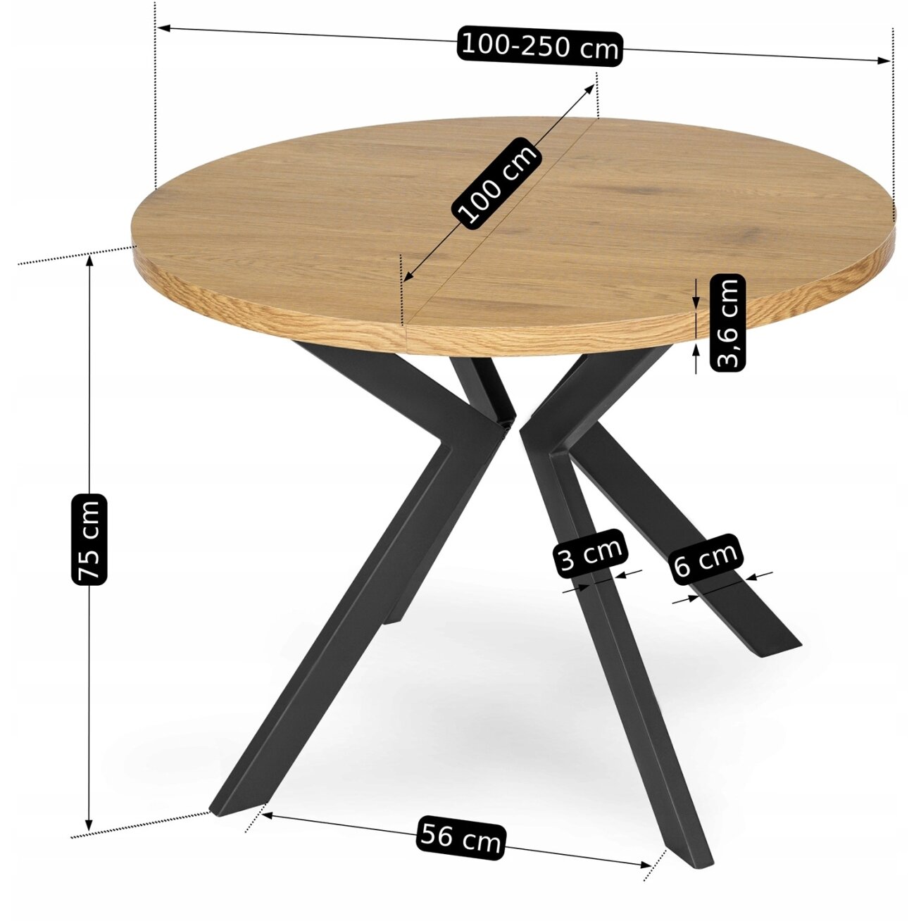 Apvalus išskleidžiamas stalas  Modern, 100–250 cm, auksinio ąžuolo spalvos, modernus loftas 13