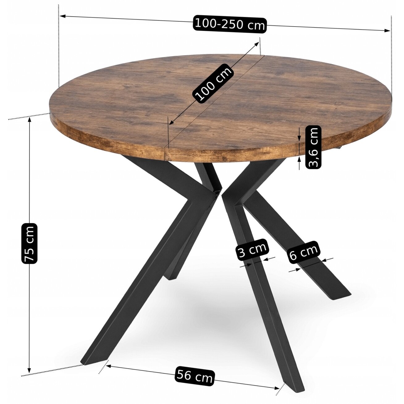Apvalus išskleidžiamas stalas Modern, 100–250 cm, auksinio ąžuolo spalvos, modernus loftas 14 Apvalus išskleidžiamas stalas Modern, 100–250 cm, auksinio ąžuolo spalvos, modernus loftas 14