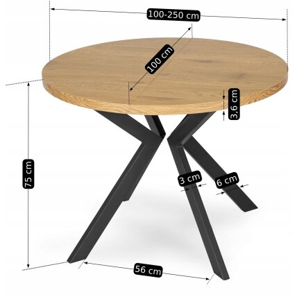 Apvalus išskleidžiamas stalas Modern, 100–250 cm, auksinio ąžuolo spalvos, modernus loftas 13 Apvalus išskleidžiamas stalas Modern, 100–250 cm, auksinio ąžuolo spalvos, modernus loftas 13