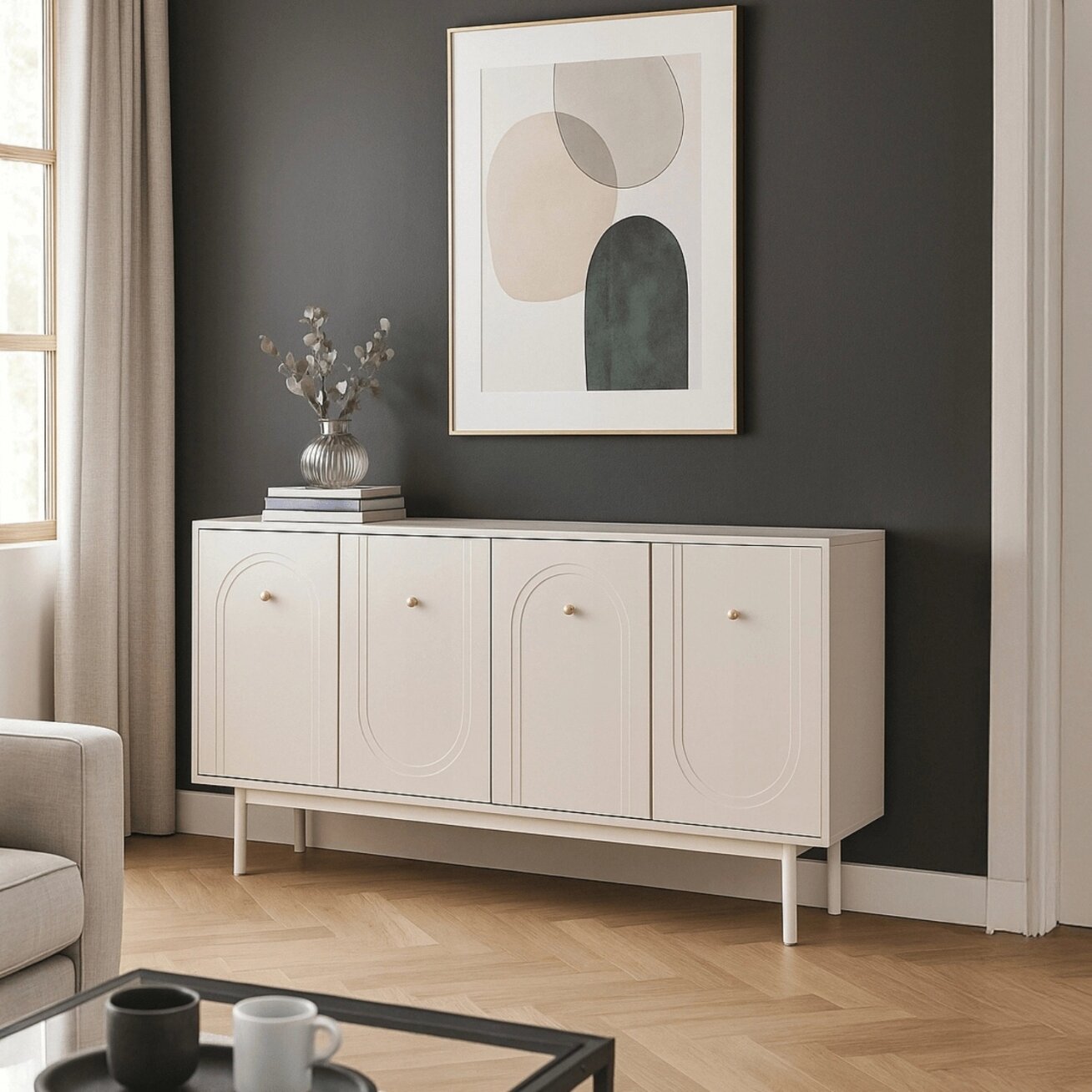 Marlenas MARLEN svetainės komoda, 155 cm, kašmyro spalvos, keturių durų, moderni Marlenas MARLEN svetainės komoda, 155 cm, kašmyro spalvos, keturių durų, moderni