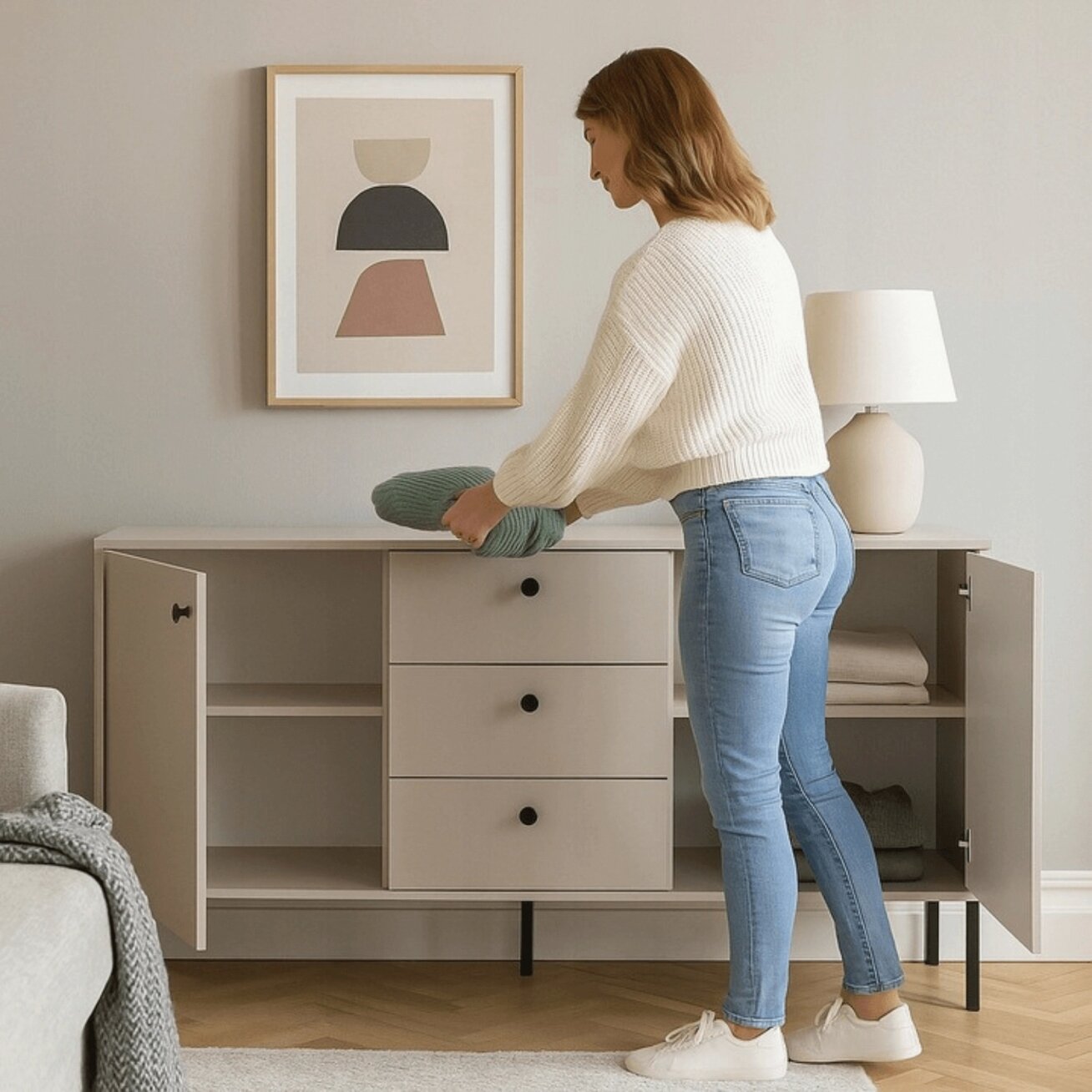 Minkštas SOFT svetainės komoda, 154 cm, kašmyro raštas, dviejų durų, moderni 1