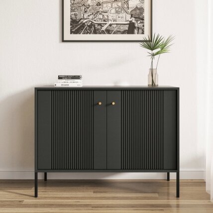 Minkštas Komoda svetainei/miegamajam, SOFT, 104 cm, juodos spalvos, grioveliai, dvidurės, modernios Minkštas Komoda svetainei/miegamajam, SOFT, 104 cm, juodos spalvos, grioveliai, dvidurės, modernios