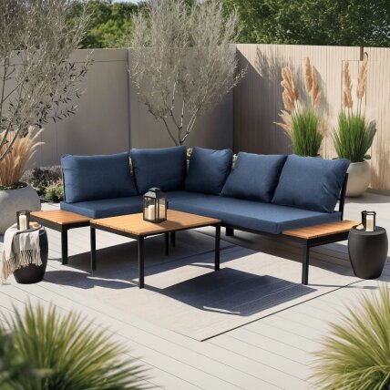 Normanas NORMAN sodo baldų komplektas, tamsiai mėlyna/juoda, kampinė sofa, terasos stalas, modernus metalinis Normanas NORMAN sodo baldų komplektas, tamsiai mėlyna/juoda, kampinė sofa, terasos stalas, modernus metalinis