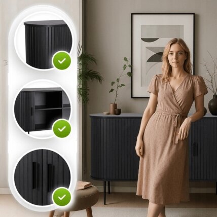 Triša TRISH stumdoma komoda svetainei, 180 cm, juoda, dviejų durų, grioveliai, moderni 1 Triša TRISH stumdoma komoda svetainei, 180 cm, juoda, dviejų durų, grioveliai, moderni 1